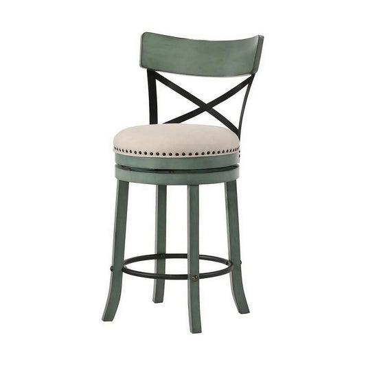 Vesper 31 Inch Swivel Barstool Chair Set of 2, Beige Seat, Green Wood Frame By Casagear Home