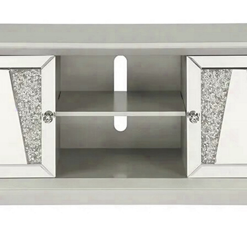 Rigo 72 Inch TV Entertainment Console 2 Doors Mirrored Acrylic Silver By Casagear Home BM312157