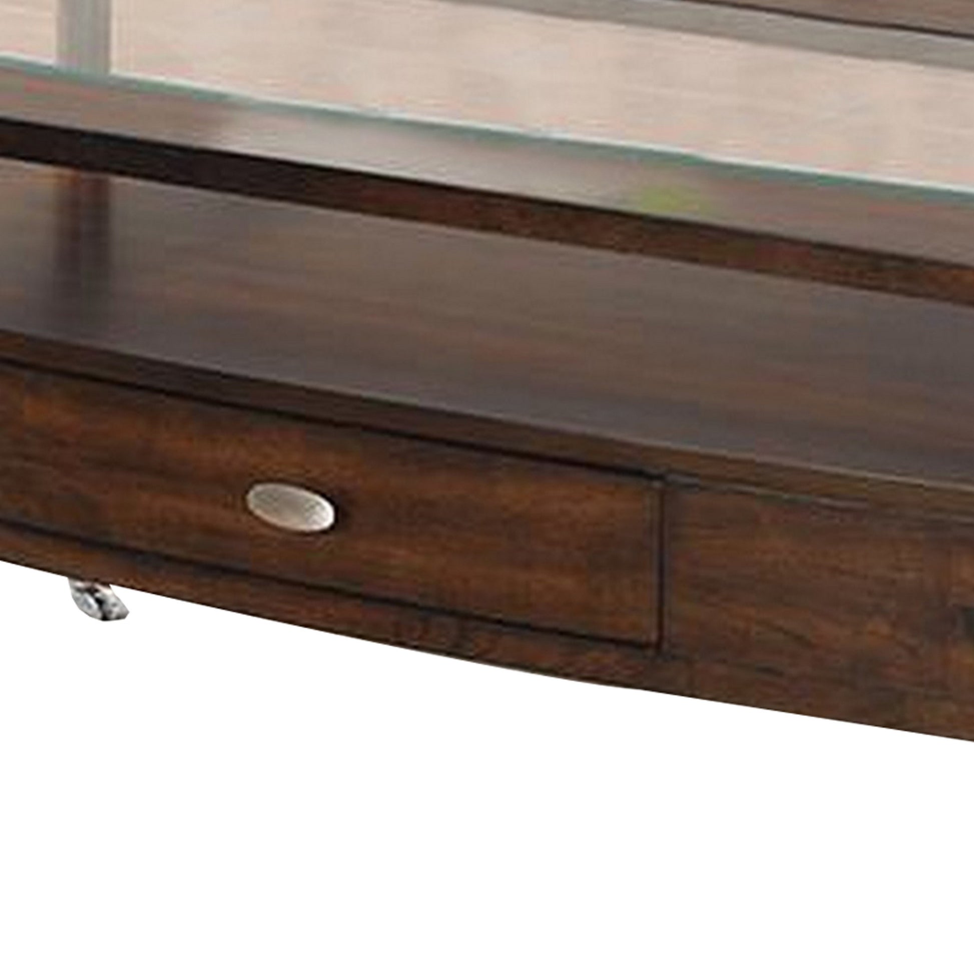 Ruen 44 Inch Coffee Table Glass Inset Bottom Shelf Wheels Drawer Brown By Casagear Home BM312161