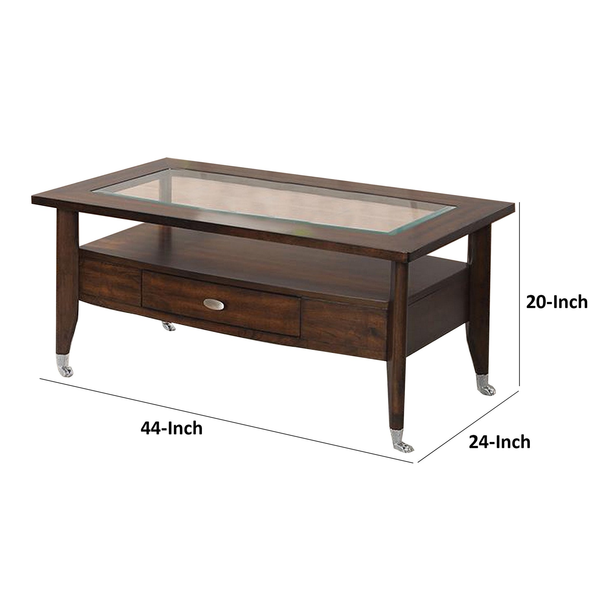 Ruen 44 Inch Coffee Table Glass Inset Bottom Shelf Wheels Drawer Brown By Casagear Home BM312161