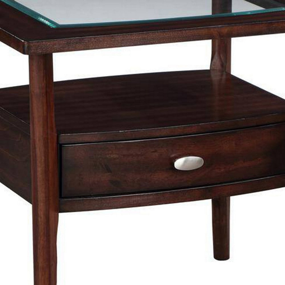 Ruen 27 Inch Side End Table Glass Inset Bottom Shelf 1 Drawer Brown By Casagear Home BM312162