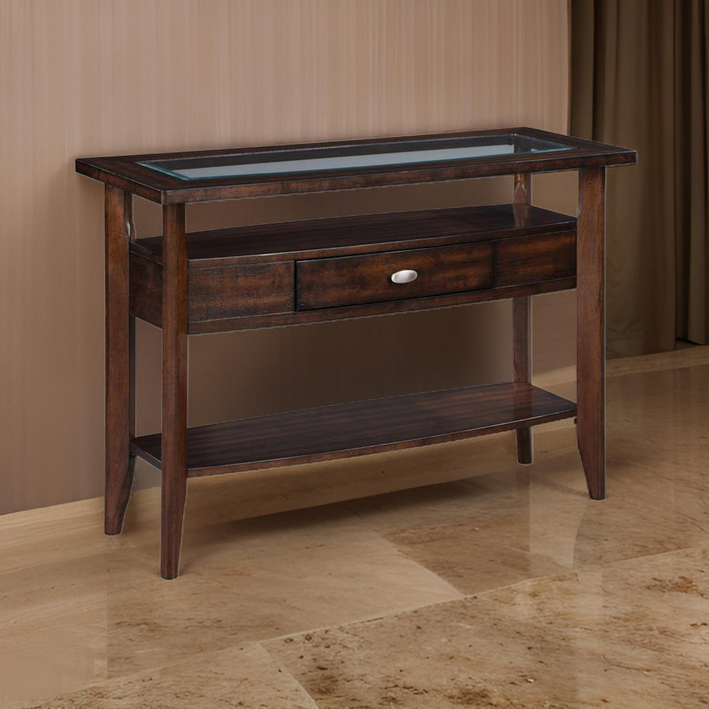 Ruen 44 Inch Sofa Table Glass Inset Top Open Shelf Storage Drawer Brown By Casagear Home BM312163