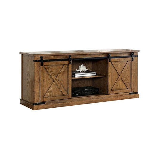 Bego 72 Inch TV Entertainment Console, Sliding Barn Door, Shelves, Brown By Casagear Home