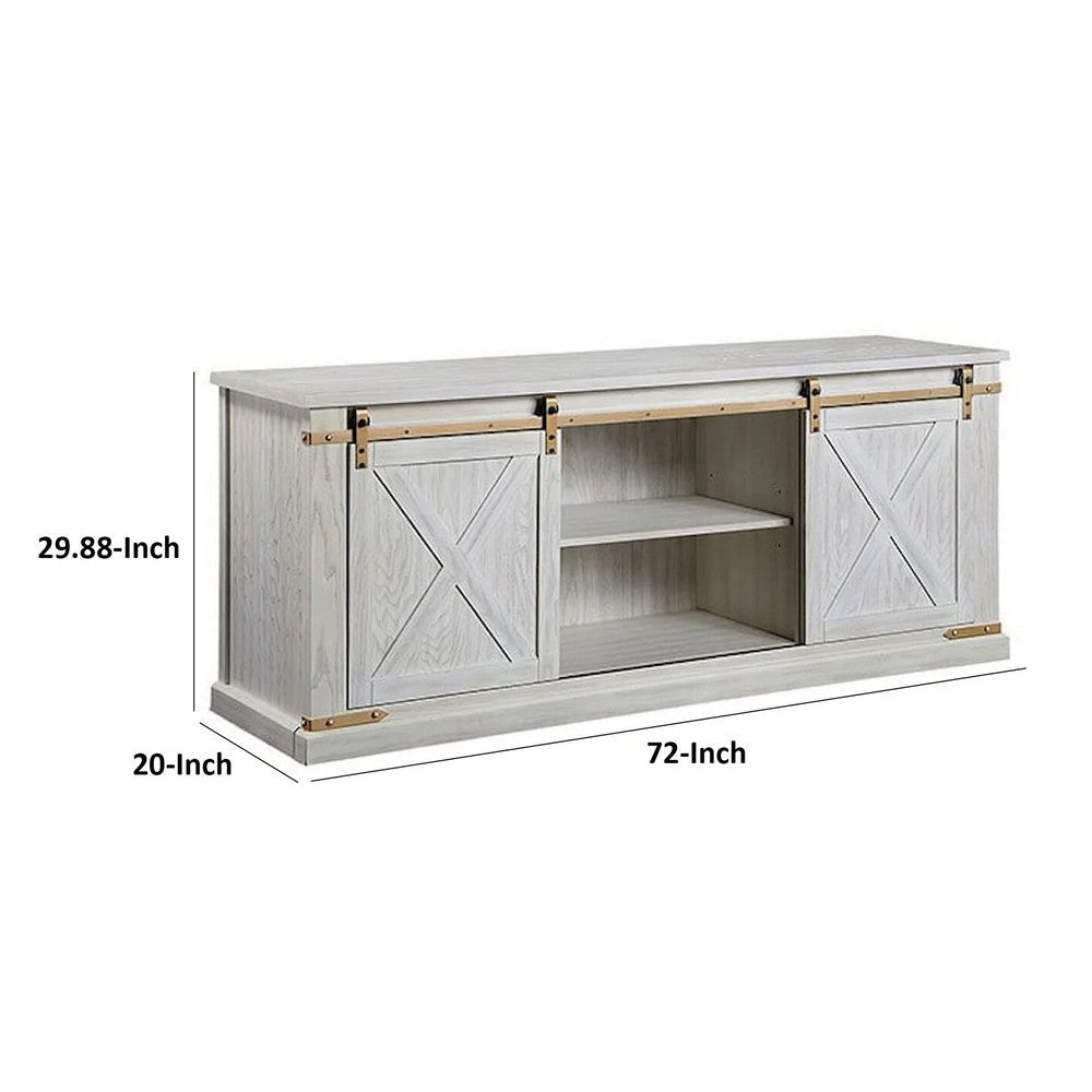 Bego 72 Inch TV Entertainment Console Sliding Barn Door Shelves White By Casagear Home BM312166