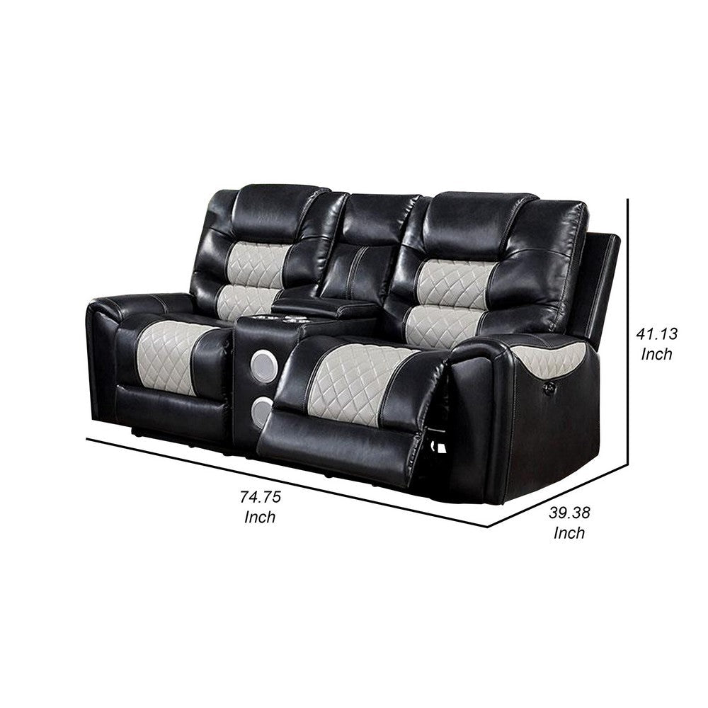 Leiz 75 Inch Power Recliner Loveseat USB Faux Leather Gray and Black By Casagear Home BM312176