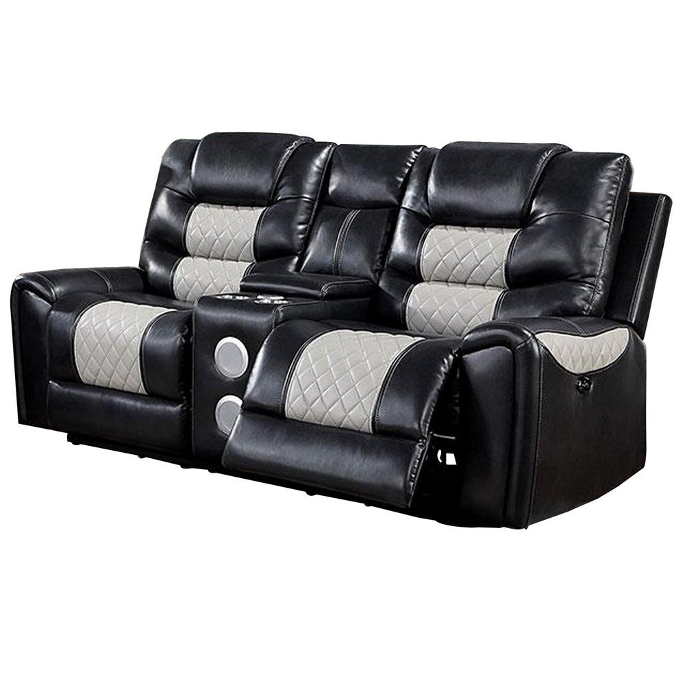 Leiz 75 Inch Power Recliner Loveseat, USB, Faux Leather, Gray and Black By Casagear Home