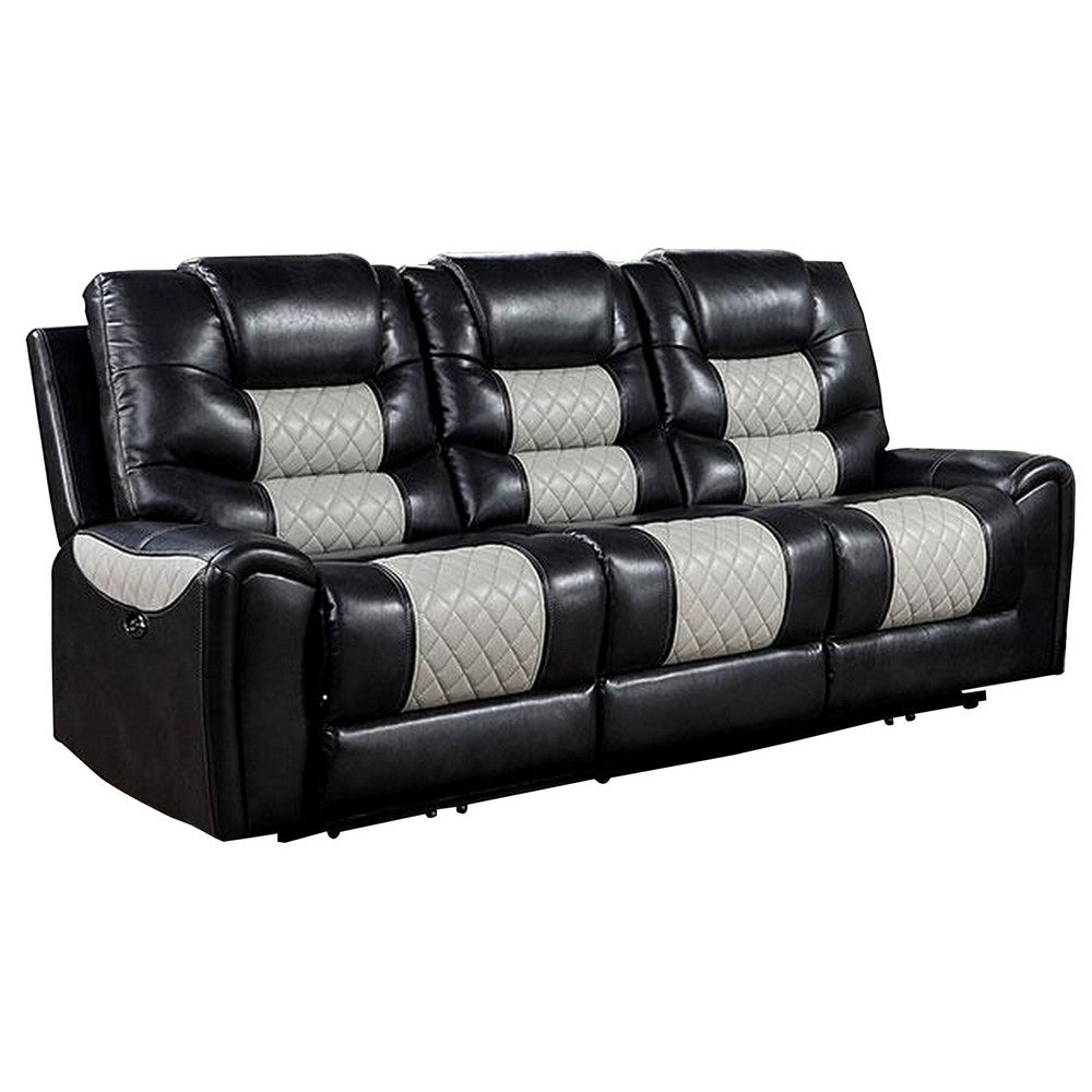 Leiz 85 Inch Power Recliner Sofa, USB Port, Gray and Black Faux Leather By Casagear Home