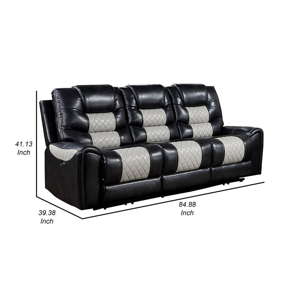 Leiz 85 Inch Power Recliner Sofa USB Port Gray and Black Faux Leather By Casagear Home BM312177