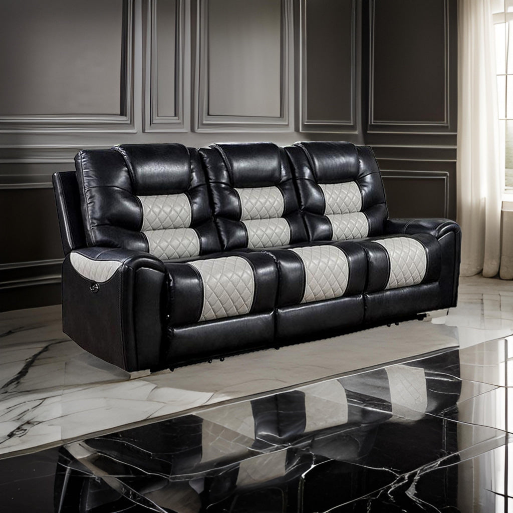 Leiz 85 Inch Power Recliner Sofa, USB Port, Gray and Black Faux Leather By Casagear Home