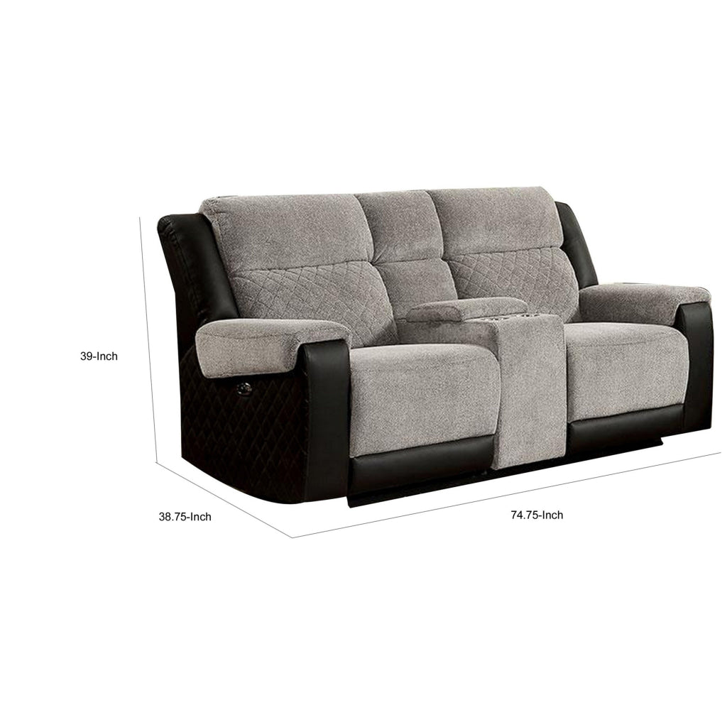 Sten 75 Inch Power Recliner Loveseat USB Gray Fabric Black Faux Leather By Casagear Home BM312179