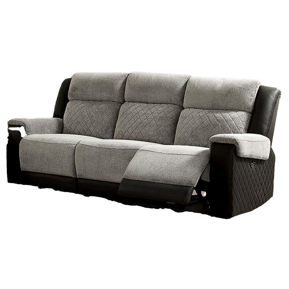 Sten 86 Inch Power Recliner Sofa USB Port Gray Fabric Black Faux Leather By Casagear Home BM312180