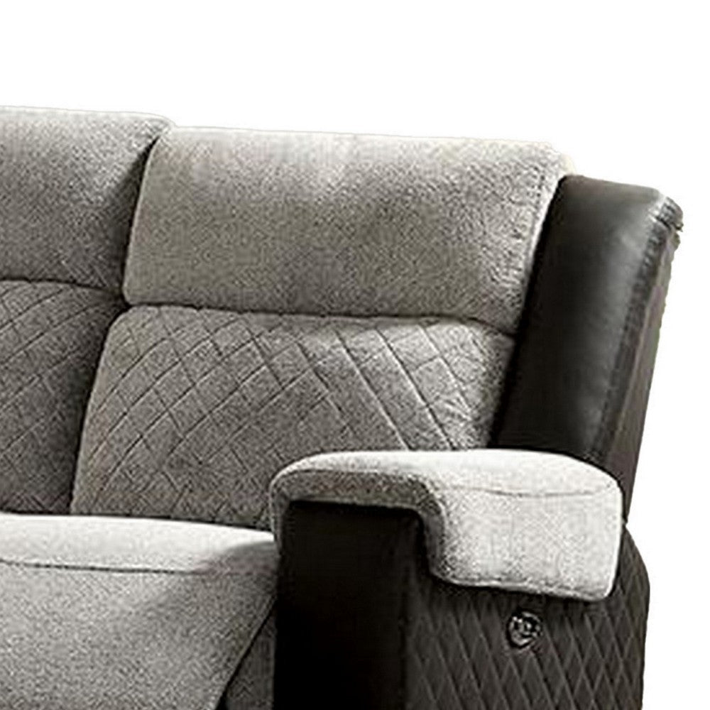 Sten 86 Inch Power Recliner Sofa USB Port Gray Fabric Black Faux Leather By Casagear Home BM312180