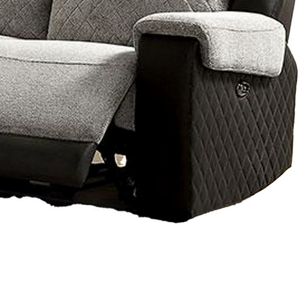 Sten 86 Inch Power Recliner Sofa USB Port Gray Fabric Black Faux Leather By Casagear Home BM312180