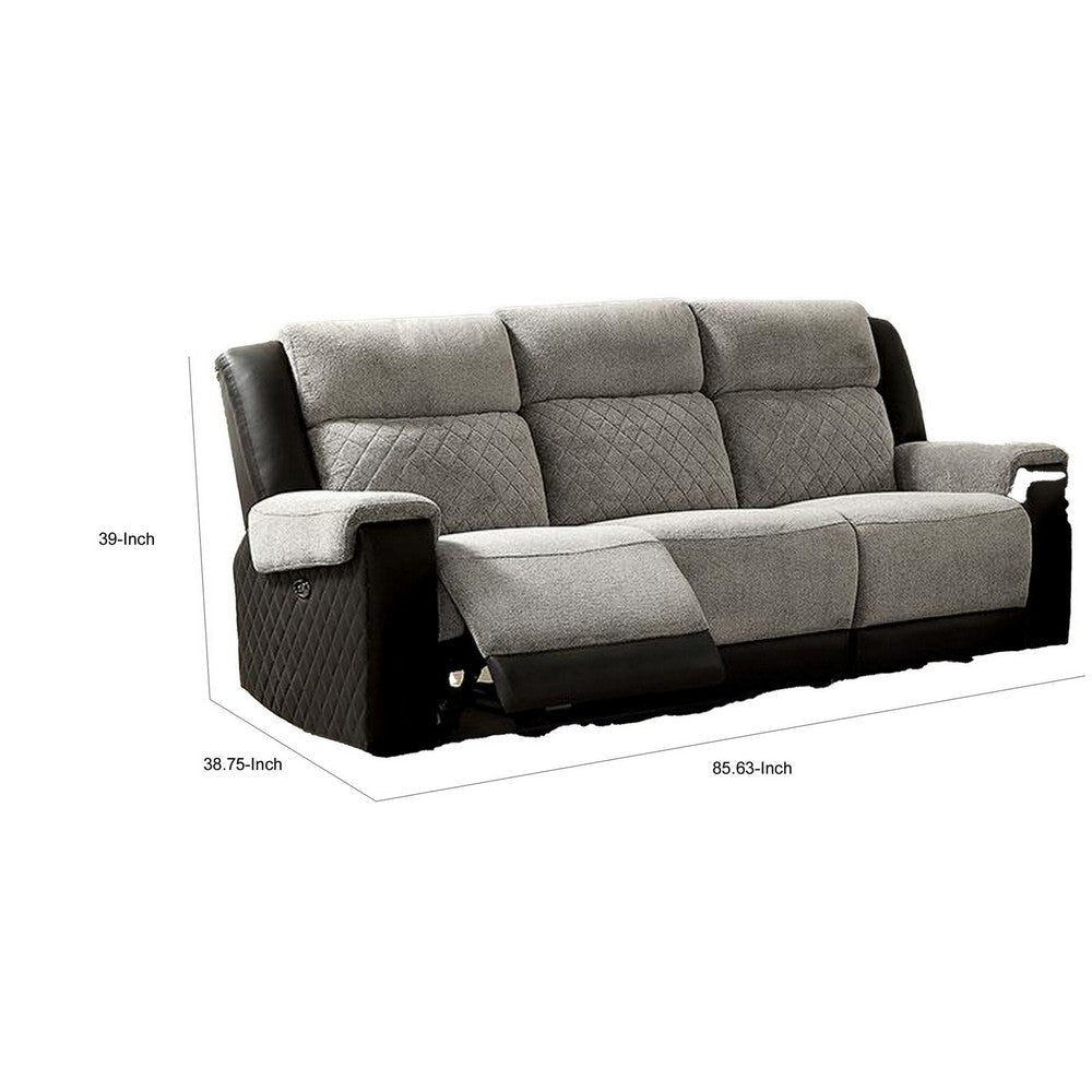 Sten 86 Inch Power Recliner Sofa USB Port Gray Fabric Black Faux Leather By Casagear Home BM312180