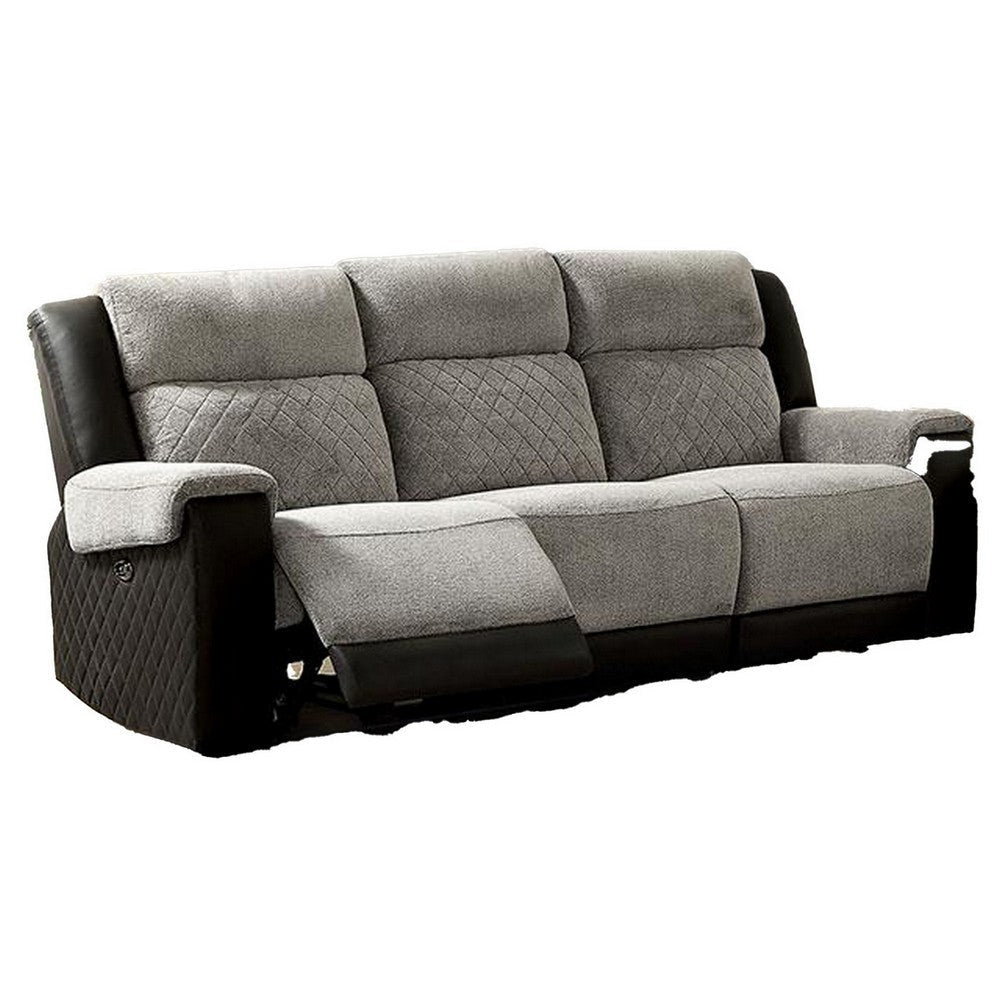 Sten 86 Inch Power Recliner Sofa, USB Port, Gray Fabric, Black Faux Leather By Casagear Home