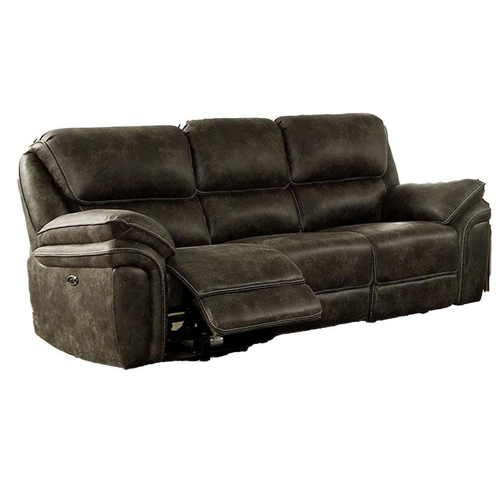 Tred 92 Inch Power Recliner Sofa, Pillow Arms and Back, Brown Faux Leather By Casagear Home