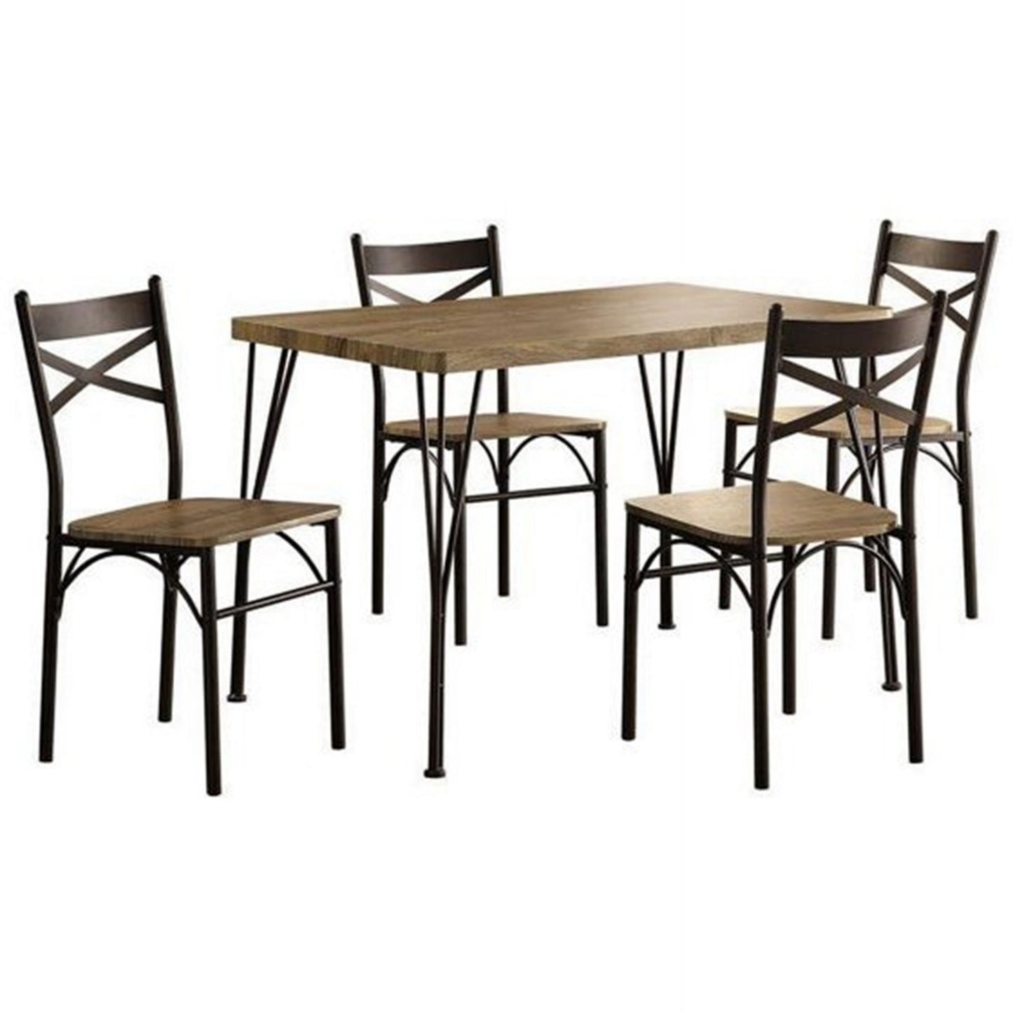 Leba 5 Piece Dining Table Set, 4 Chairs, Brown Wood Seat, Bronze Metal Legs By Casagear Home