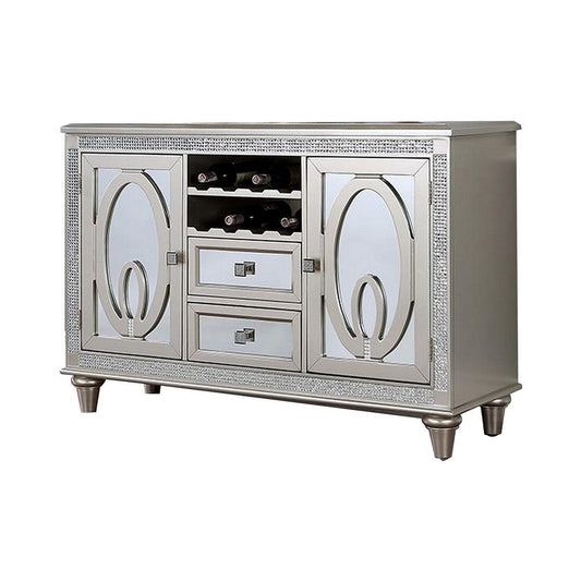 Cate 54 Inch Buffet Server Console, 2 Doors, Wine Rack, Mirrored, Silver By Casagear Home