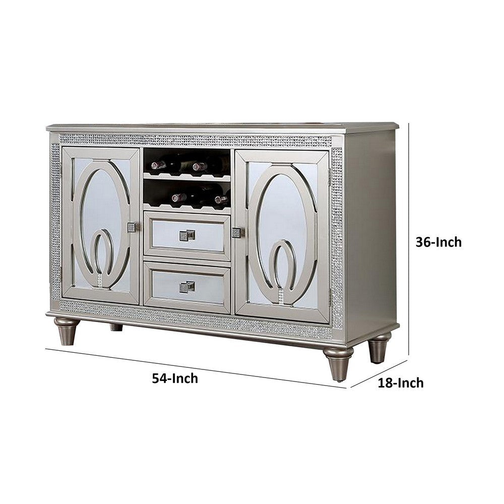 Cate 54 Inch Buffet Server Console 2 Doors Wine Rack Mirrored Silver By Casagear Home BM312196