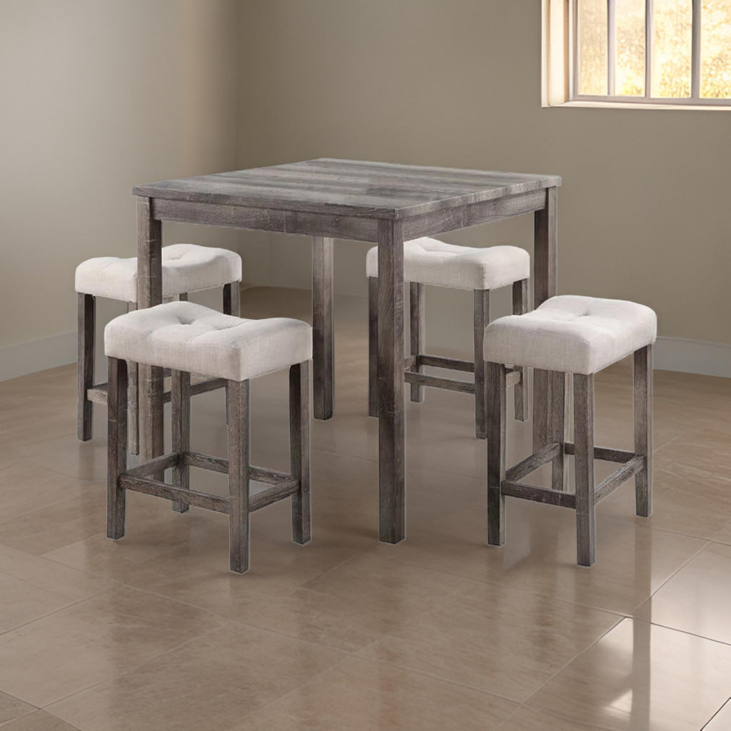 5 Piece Counter Height Table Set with 4 Stools, Beige Fabric, Gray Wood By Casagear Home