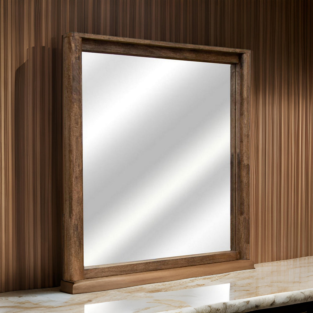 Olum 38 x 38 Dresser Mirror, Square Shape, Mango Wood, Natural Brown Finish By Casagear Home