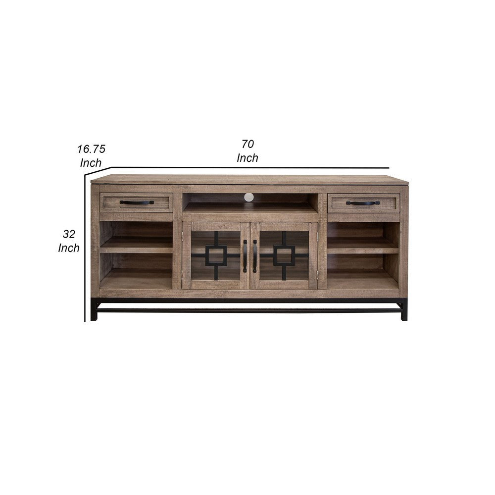 Piel 70 Inch TV Media Entertainment Console 2 Glass Doors Beige Pine Wood By Casagear Home BM312210