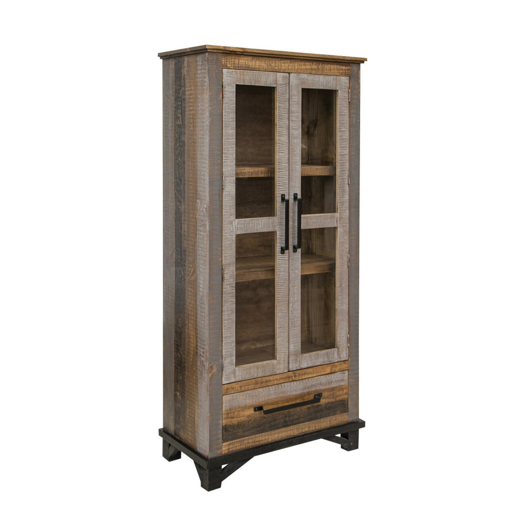 Pola 70 Inch Tall Cabinet 1 Drawer 2 Glass Doors Solid Rustic Brown Wood By Casagear Home BM312211