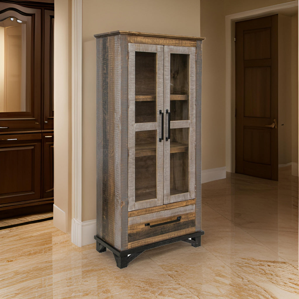 Pola 70 Inch Tall Cabinet, 1 Drawer, 2 Glass Doors, Solid Rustic Brown Wood By Casagear Home