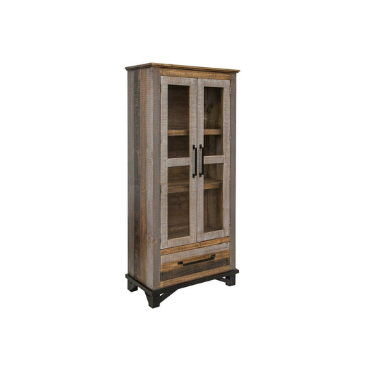 Pola 70 Inch Tall Cabinet, 1 Drawer, 2 Glass Doors, Solid Rustic Brown Wood By Casagear Home