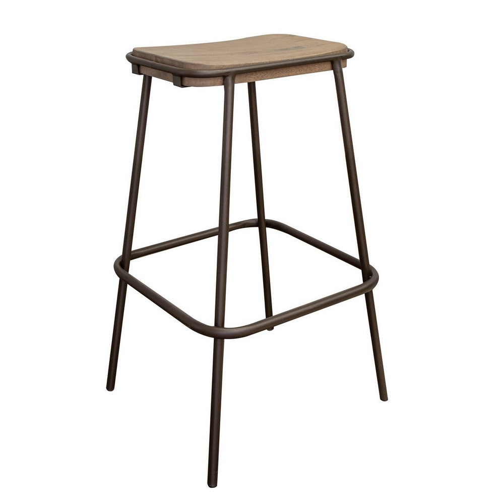 Umey 30 Inch Barstool Footrest Metal Frame Solid Brown Mango Wood Top By Casagear Home BM312218