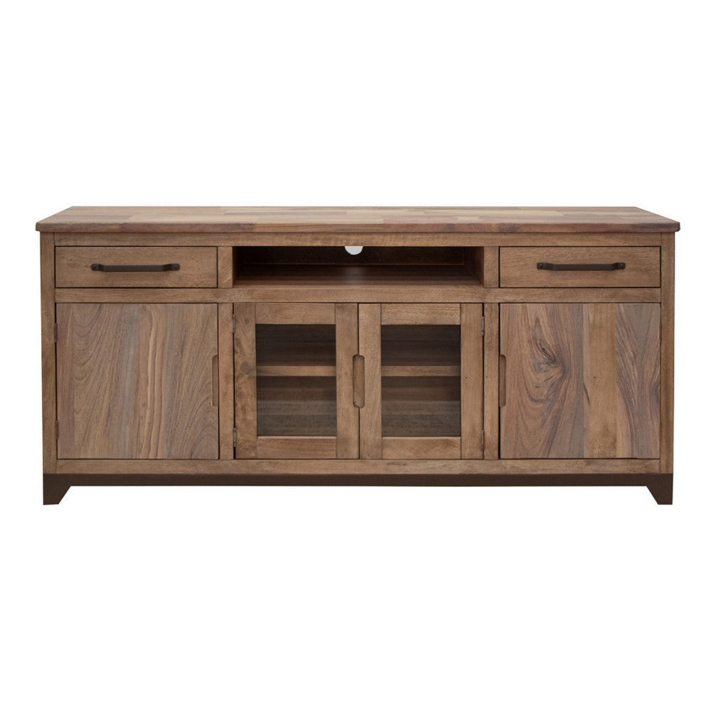 Umey 70 Inch TV Entertainment Console 2 Drawers Shelves Wood Brown By Casagear Home BM312220