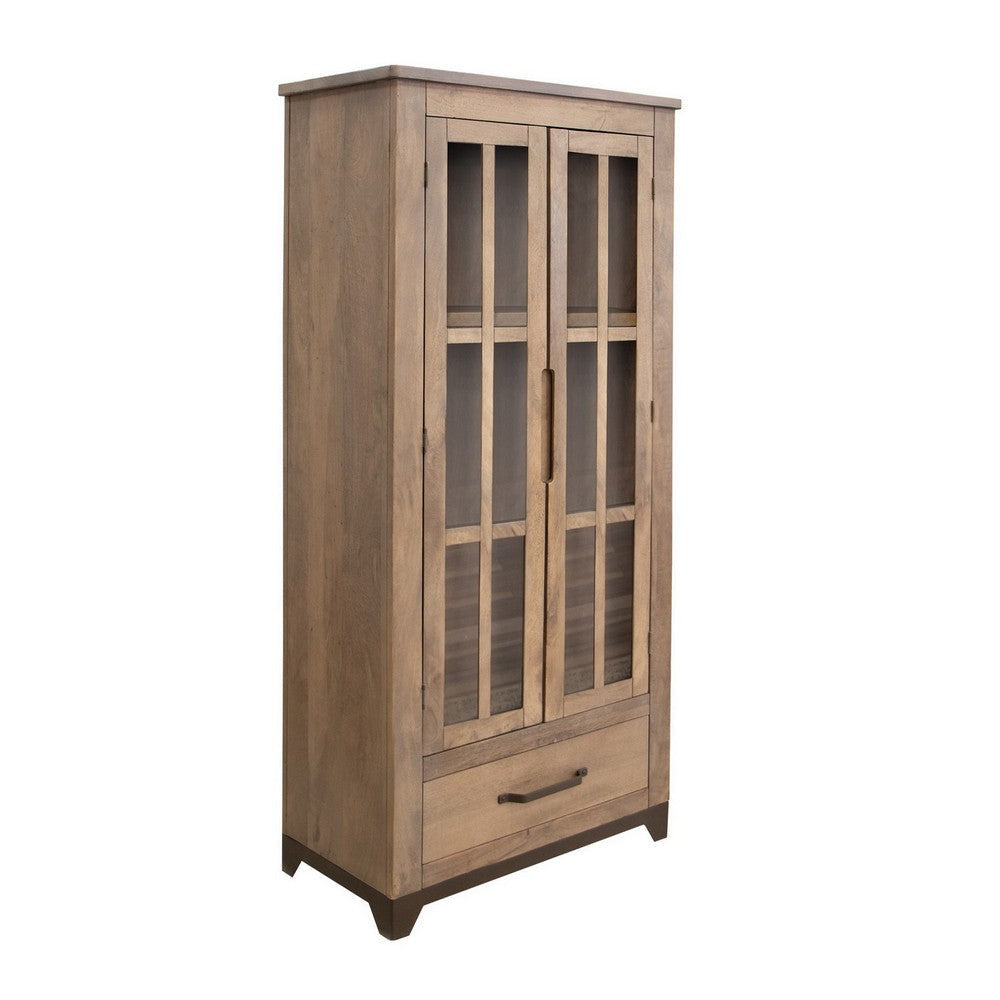 Umey 71 Inch Tall Accent Cabinet, Drawer, 2 Glass Doors, Solid Brown Wood By Casagear Home