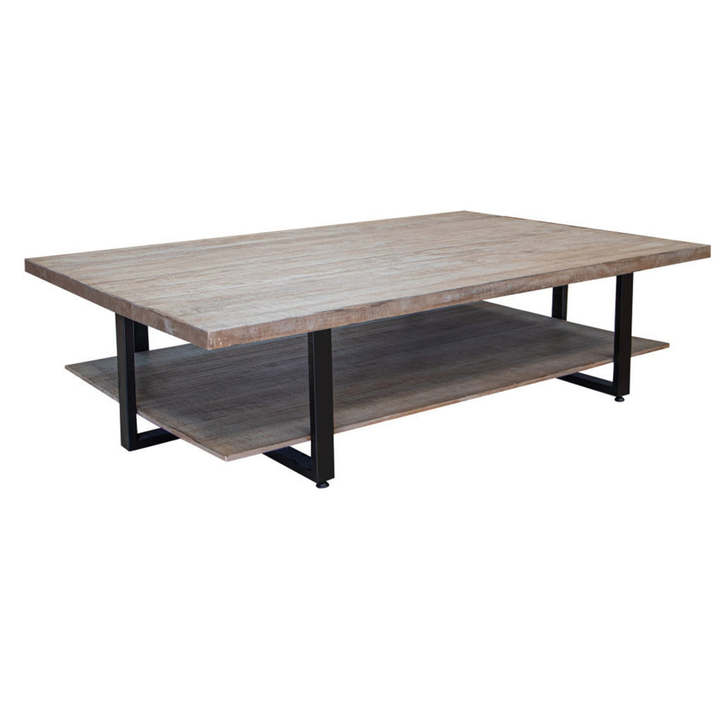 67 Inch Cocktail Coffee Table Lower Shelf Metal Frame Solid Mango Wood By Casagear Home BM312228