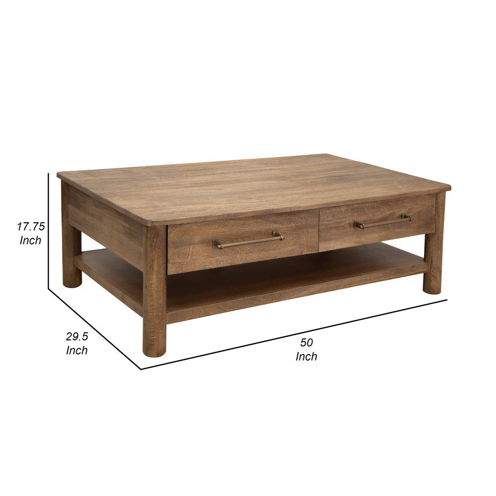 Olum 50 Inch Cocktail Coffee Table Drawers Lower Shelf Brown Mango Wood By Casagear Home BM312230