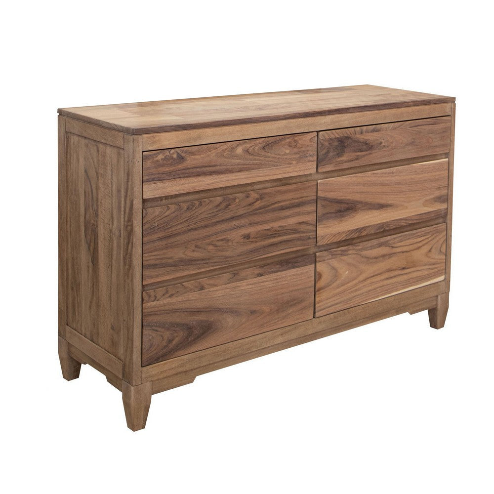 Neuv 56 Inch Dresser, 6 Drawers, Solid Mango Wood Frame, Natural Brown By Casagear Home