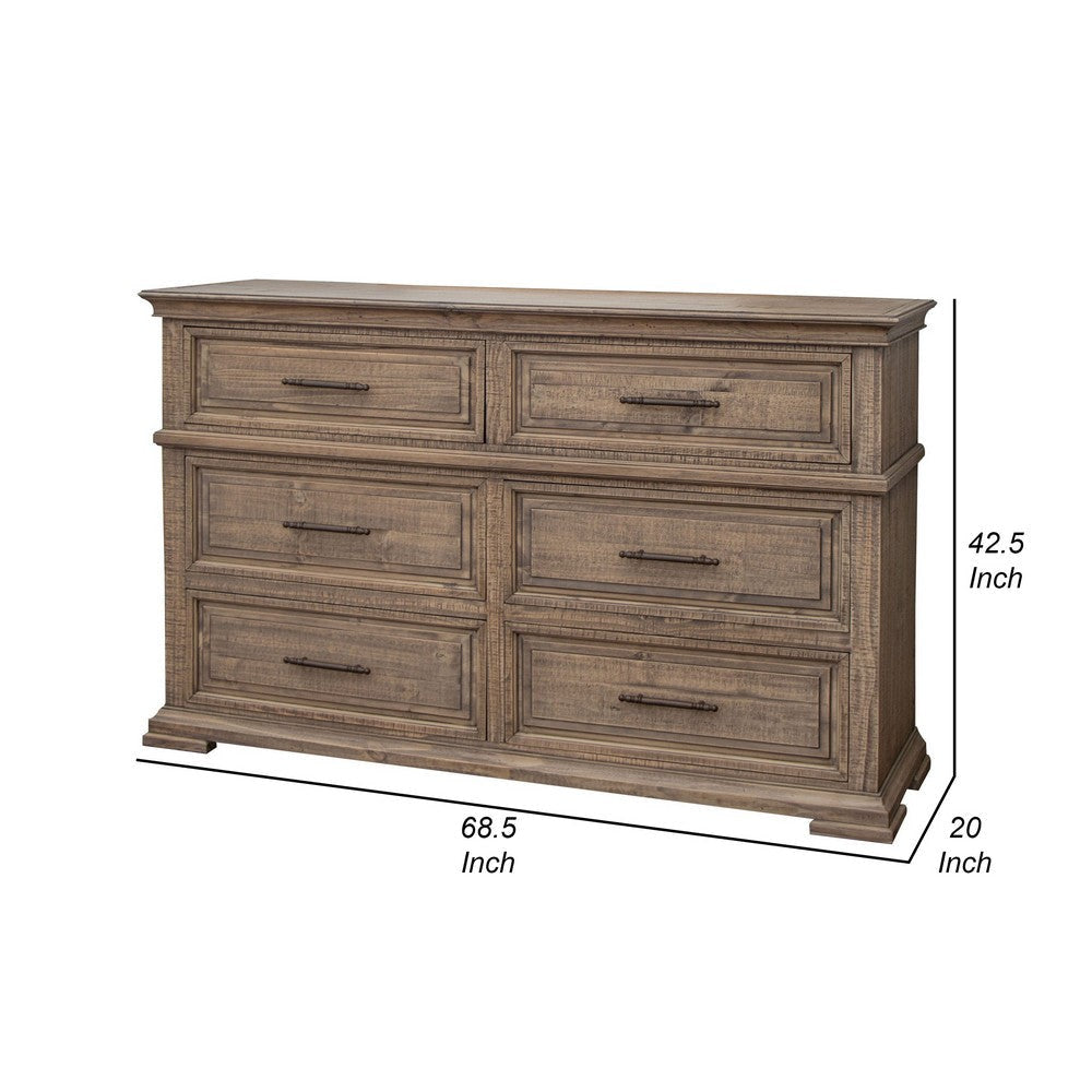 Riel 68 Inch Dresser 6 Drawers Metal Handles Solid Wood Sandy Brown By Casagear Home BM312243