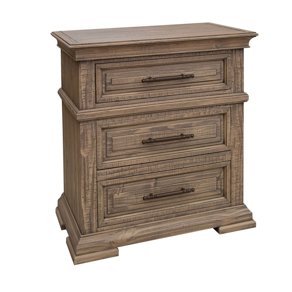 Riel 32 Inch Nightstand 3 Drawers Metal Handles Solid Wood Sandy Brown By Casagear Home BM312245