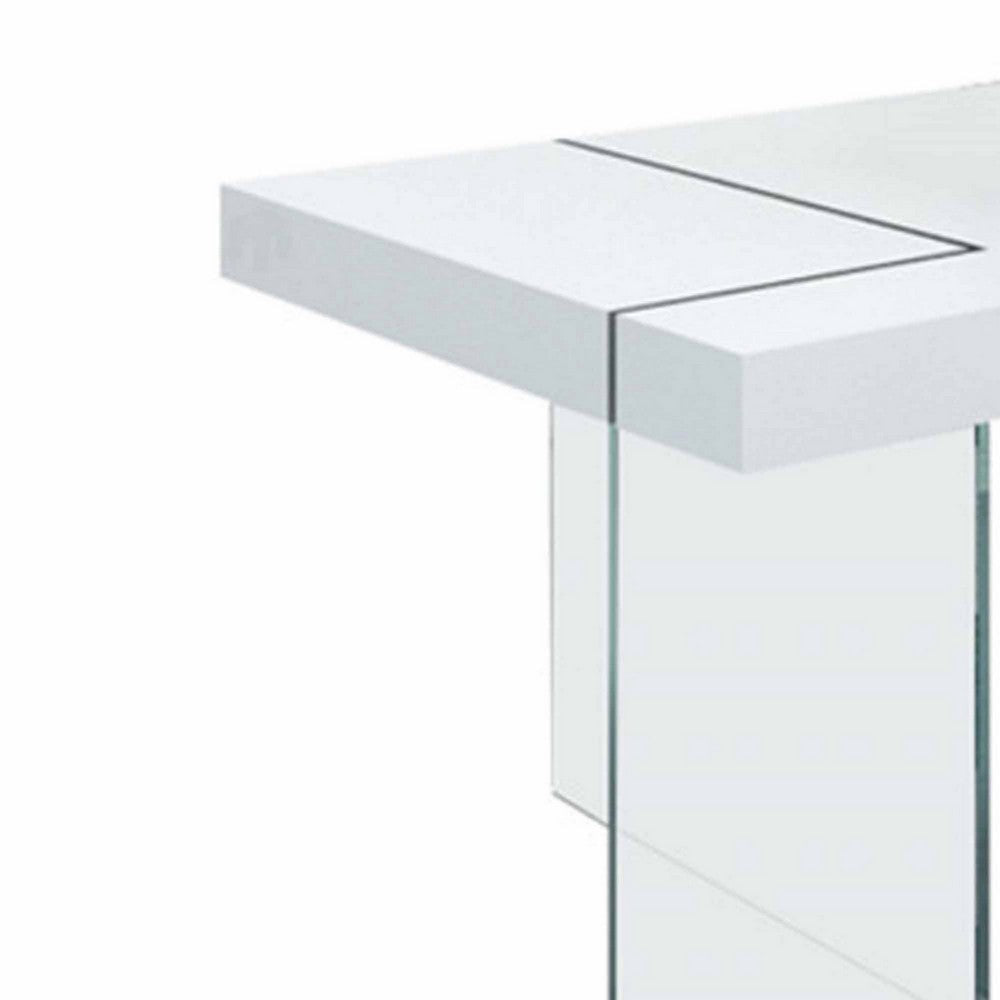 79 Inch Dining Table White Rectangular Lacquer Top L-Shape Glass Legs By Casagear Home BM312250