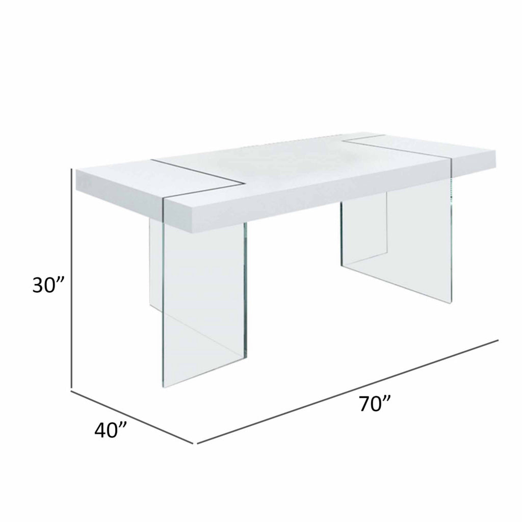 79 Inch Dining Table White Rectangular Lacquer Top L-Shape Glass Legs By Casagear Home BM312250