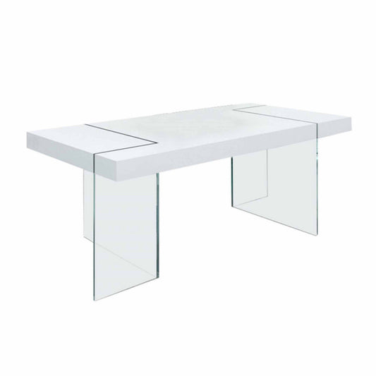 79 Inch Dining Table, White Rectangular Lacquer Top, L-Shape Glass Legs By Casagear Home