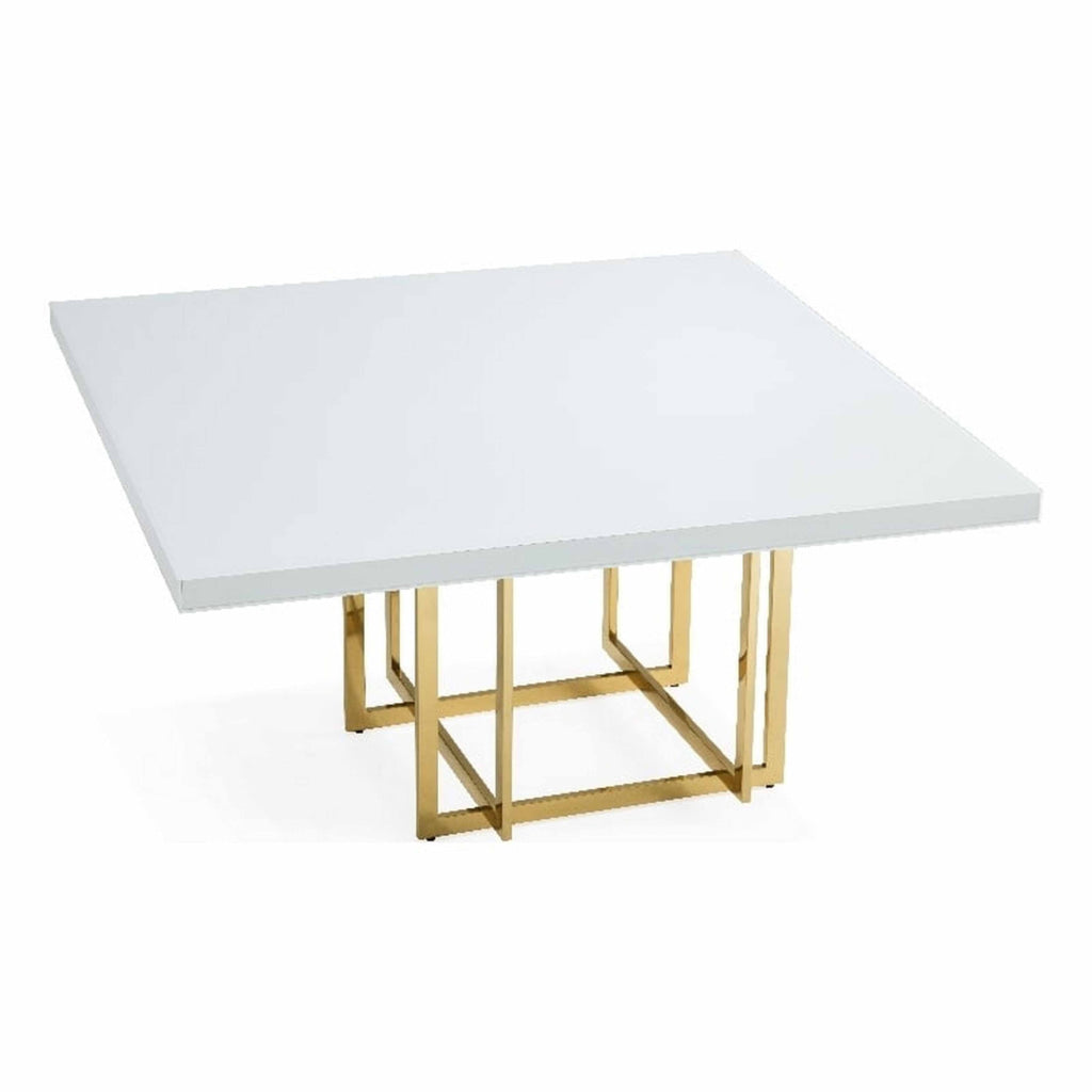 Lucie 59 Inch Dining Table Square Lacquered Glass Top Gold Base White By Casagear Home BM312256