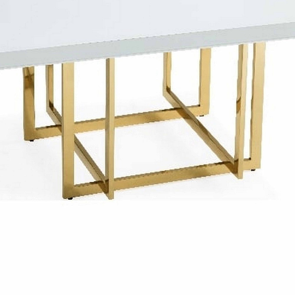 Lucie 59 Inch Dining Table Square Lacquered Glass Top Gold Base White By Casagear Home BM312256