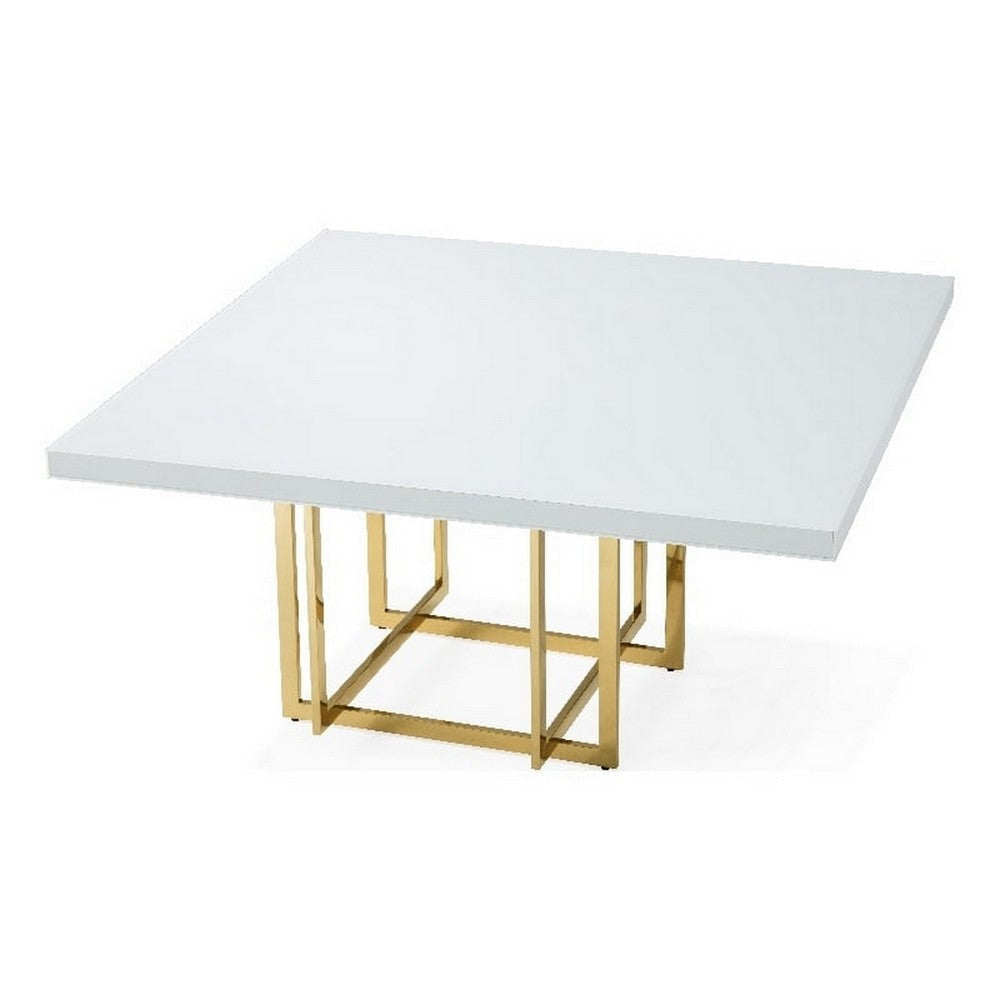 Lucie 59 Inch Dining Table, Square Lacquered Glass Top, Gold Base, White By Casagear Home