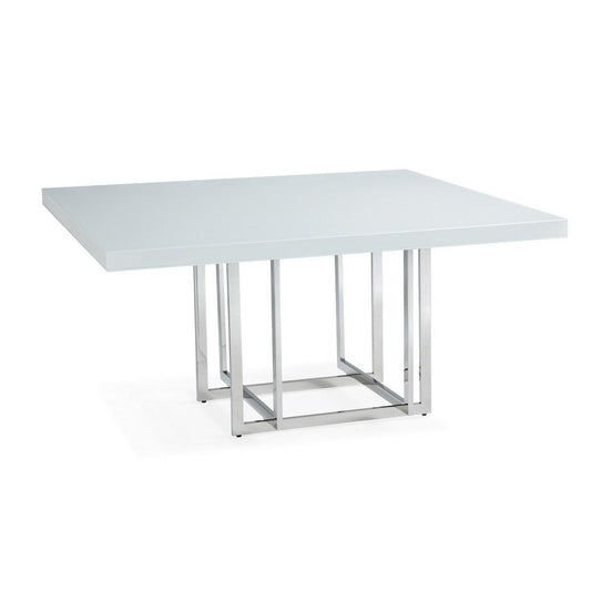 Lucie 59 Inch Dining Table, Square Lacquered Glass Top, Chrome Base, White By Casagear Home