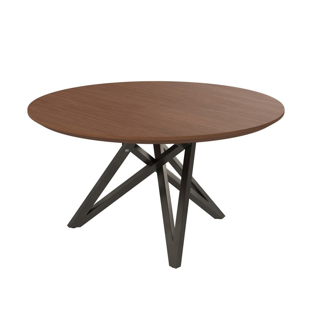 Kimya 47 Inch Dining Table, Round Wood Top, Angled Steel Legs, Brown, Black By Casagear Home