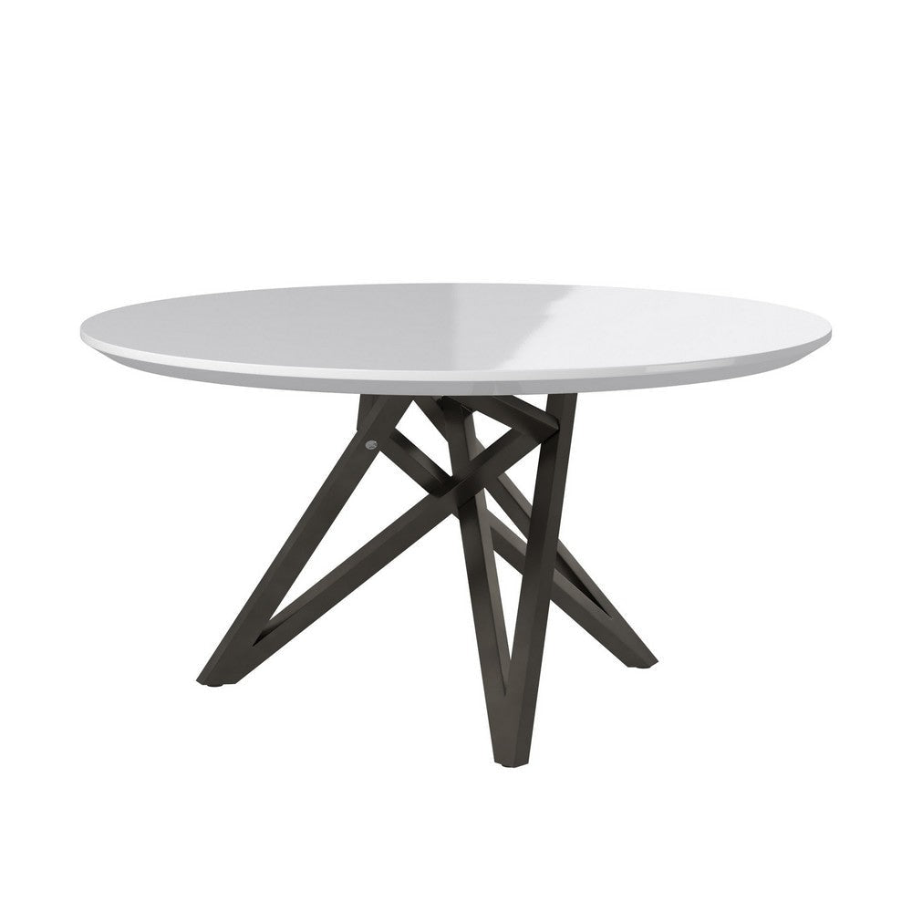 Kimya 47 Inch Dining Table, Round Wood Top, Angled Steel Legs, White, Black By Casagear Home