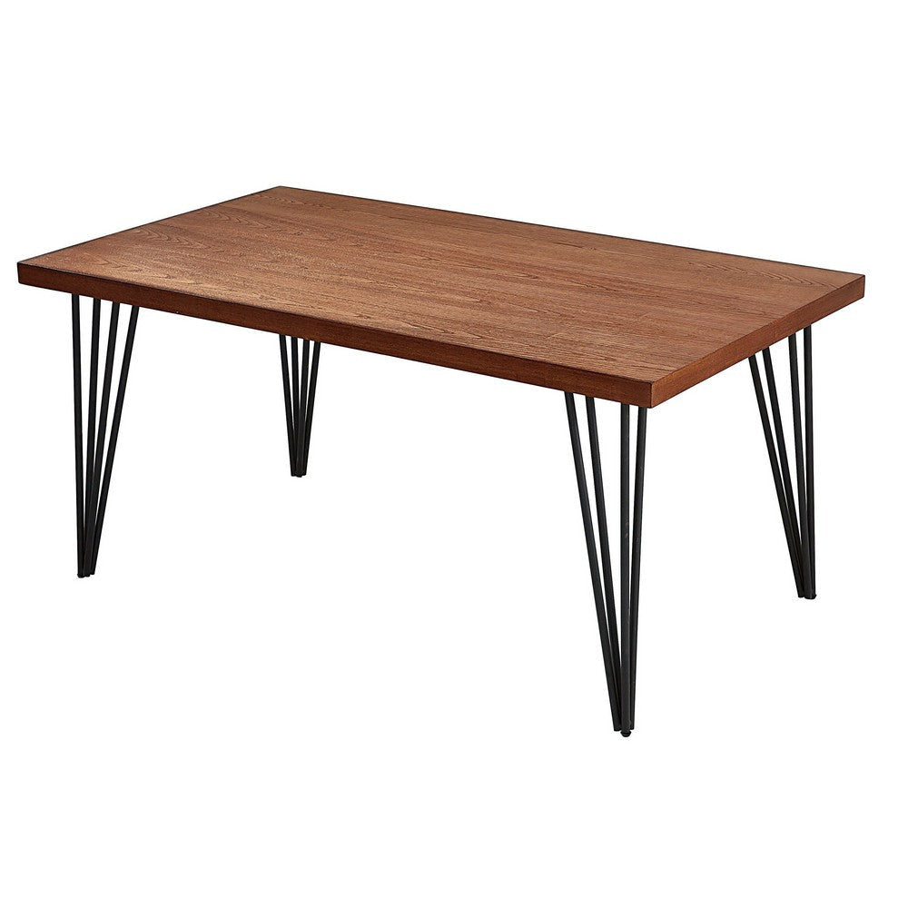 63 Inch Dining Table Brown Rectangular Elm Veneer Top Metal Black Legs By Casagear Home BM312260