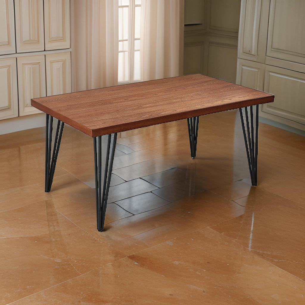 63 Inch Dining Table, Brown Rectangular Elm Veneer Top, Metal Black Legs By Casagear Home