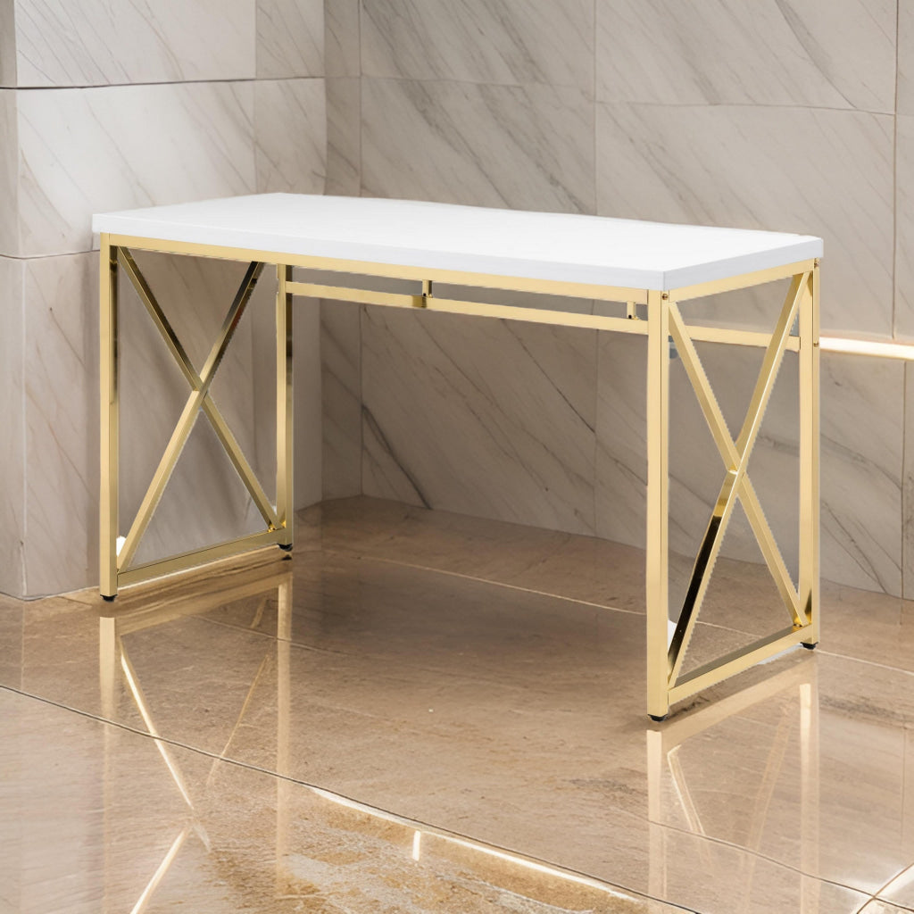 Gracie 47 Inch Desk, White Rectangular Top, Metal Legs in Gold Finish By Casagear Home