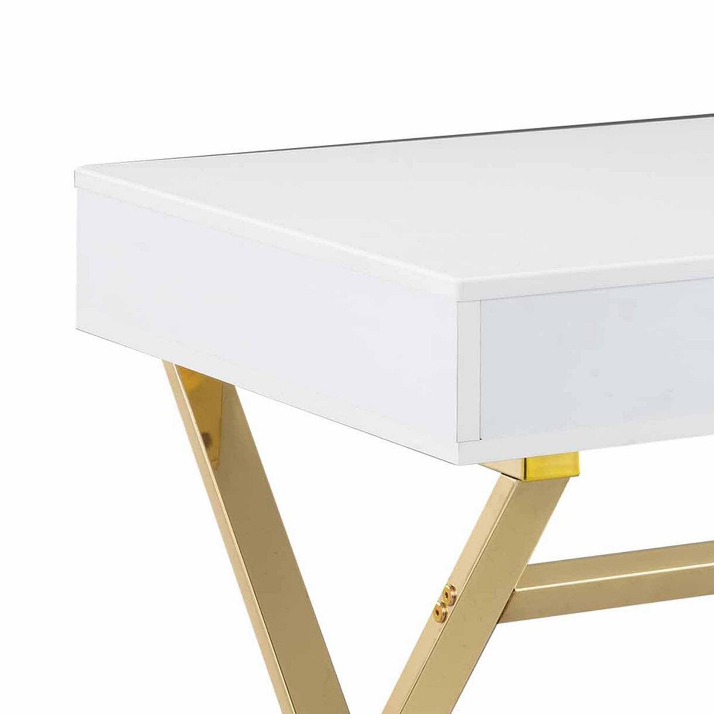 Gracie 47 Inch Desk White Rectangular Top 2 Drawers Gold Metal Legs By Casagear Home BM312270